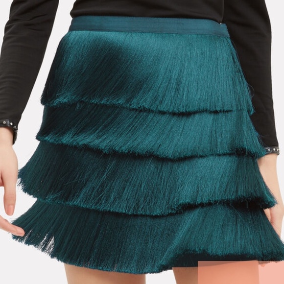 Intermix Raine emerald green fringe viscose mini skirt Sz 4 - Picture 2 of 9
